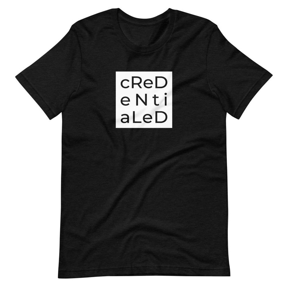 Credentialed Block | Unisex Cotton Crew | Shades of Gray | Dietitian T Shirt | neRD Clothing Company | Black Heather
