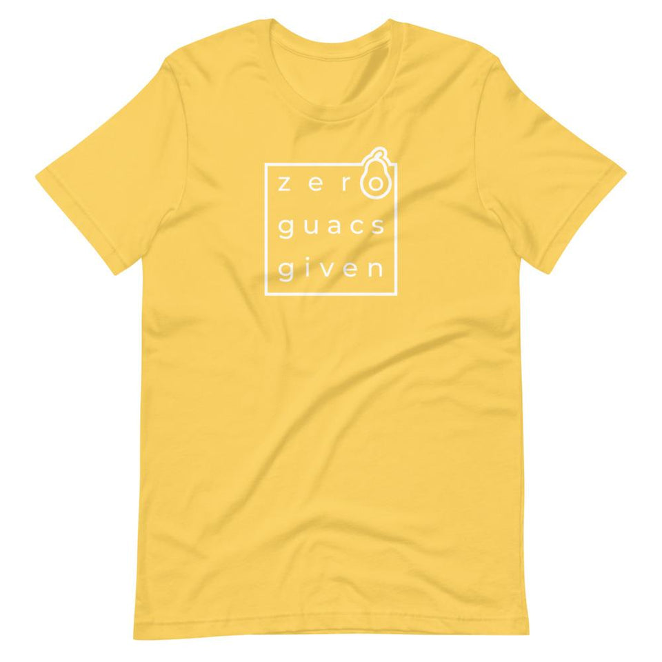 Zero Guacs Given | Unisex Cotton Crew | Various Colors | Dietitian T Shirt | neRD Clothing Company | Yellow