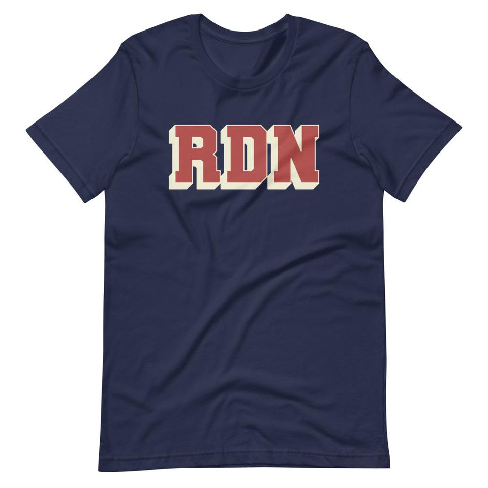 Varsity Dietitian | Unisex Cotton Crew | Navy | Dietitian T Shirt | neRD Clothing Company | XS